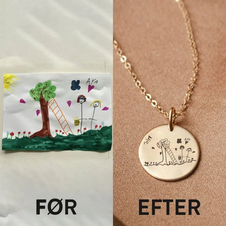 Halskæde med dit barns børnetegning indgraveret - Personligt Smykke fra Øndig Jewellery. Upload et billede af dit barns egen tegning og få indgraveret en nøjagtig gengivelse.