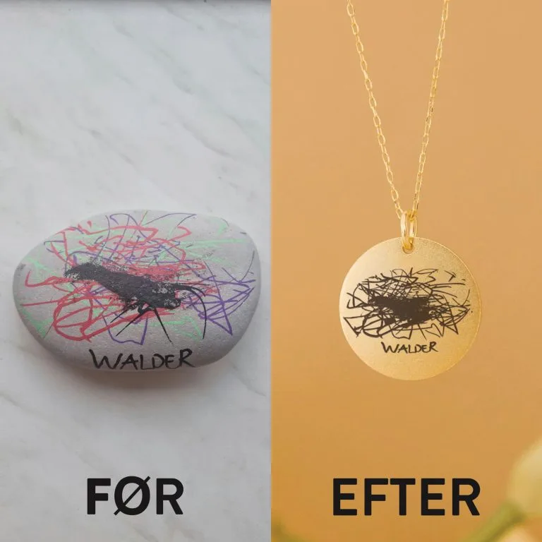 Halskæde med dit barns børnetegning indgraveret - Personligt Smykke fra Øndig Jewellery. Upload et billede af dit barns egen tegning og få indgraveret en nøjagtig gengivelse.