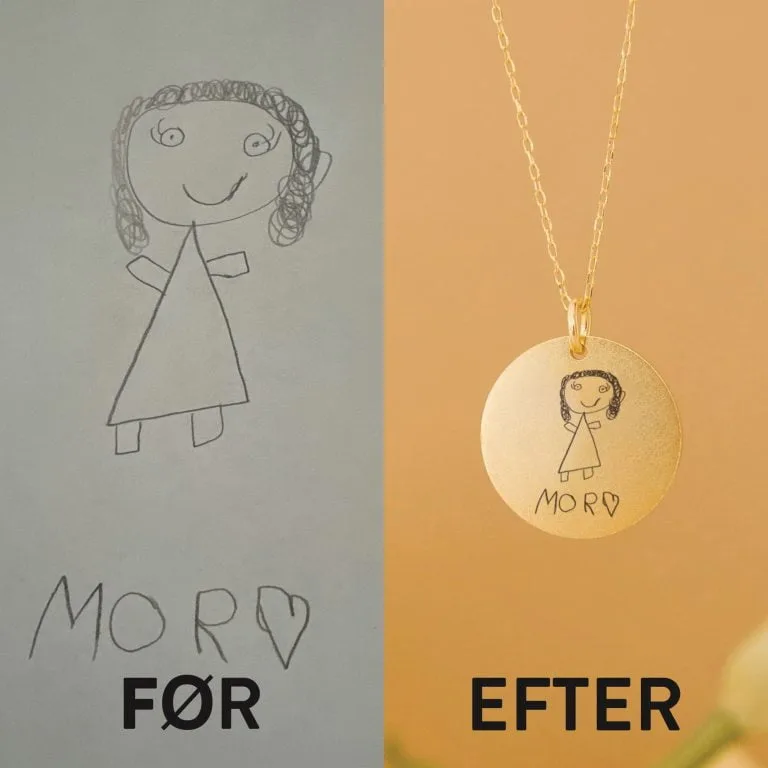 Halskæde med dit barns børnetegning indgraveret - Personligt Smykke fra Øndig Jewellery. Upload et billede af dit barns egen tegning og få indgraveret en nøjagtig gengivelse.