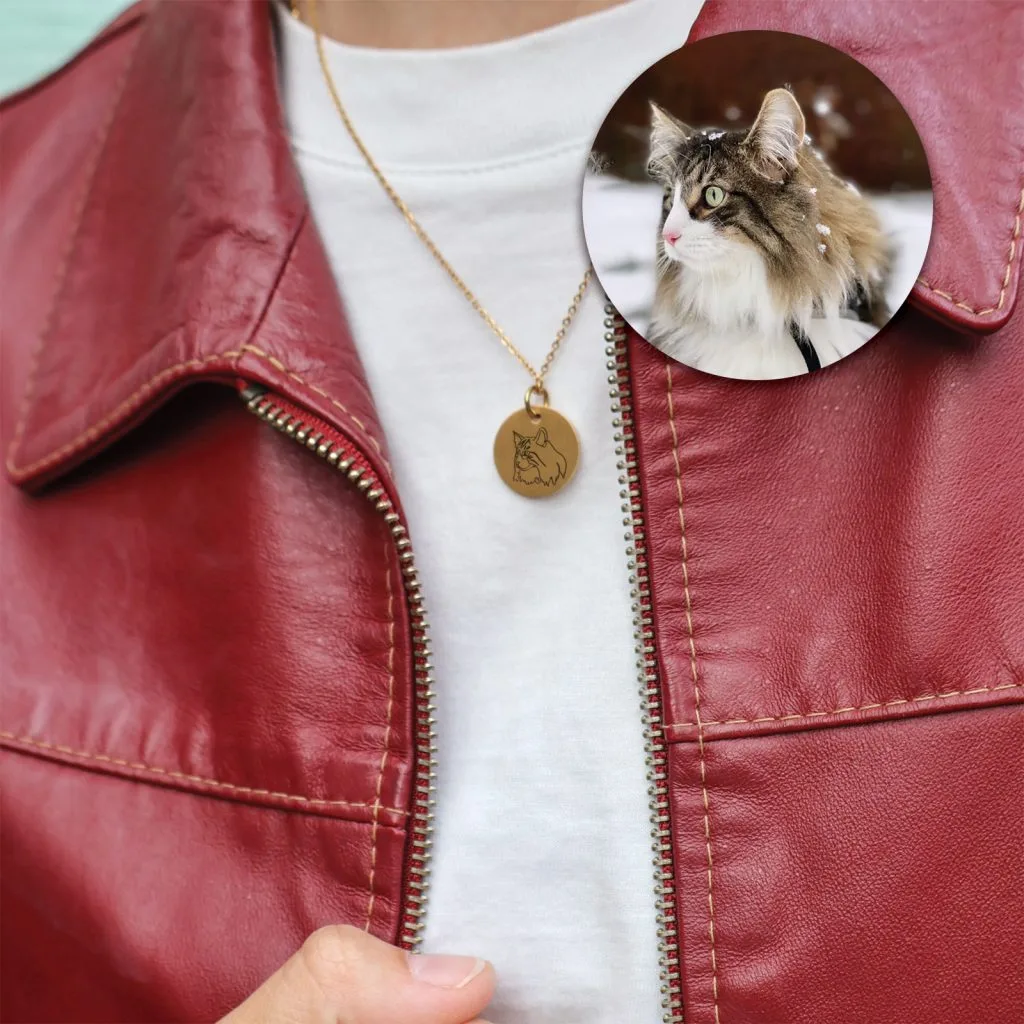 Din kats ansigts i håndtegnet lineart på halskæde - Personligt Smykke fra Øndig Jewellery. Forevig din kat med personligt smykke
