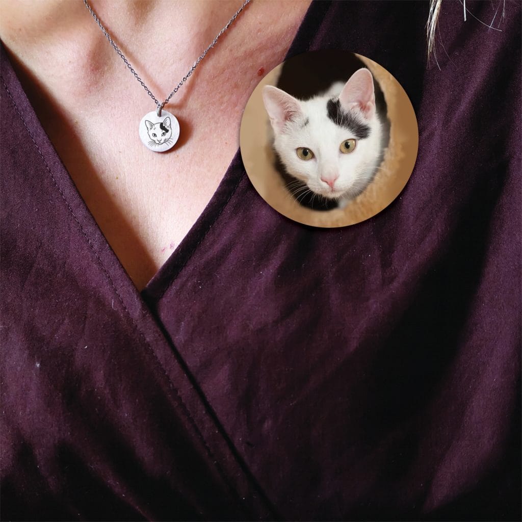 Din kats ansigts i håndtegnet lineart på halskæde - Personligt Smykke fra Øndig Jewellery. Forevig din kat med personligt smykke
