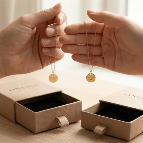 4.webp Min Mor & Min Datter halskæder - Personligt Smykke fra Øndig Jewellery. To halskæder, ét år, én fælles historie. Fra det øjeblik, hun blev din mor, og du blev hendes datter, blev et ubrydeligt bånd skabt mellem jer. Gavesæt med to halskæder, som leveres i smukke gaveæsker.
