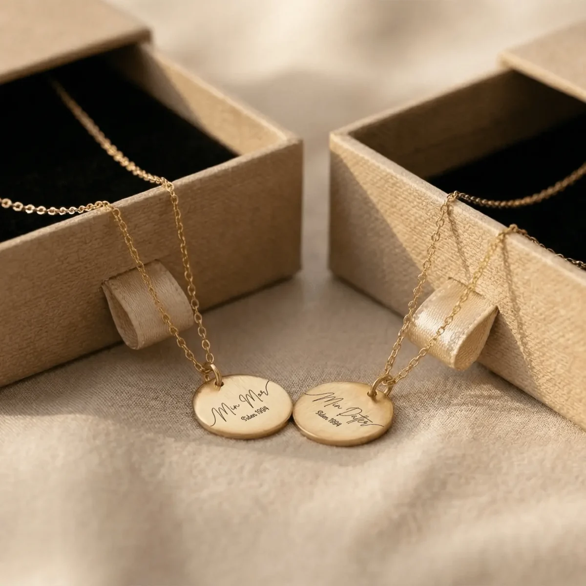 Min Mor & Min Datter halskæder - Personligt Smykke fra Øndig Jewellery. To halskæder, ét år, én fælles historie. Fra det øjeblik, hun blev din mor, og du blev hendes datter, blev et ubrydeligt bånd skabt mellem jer. Gavesæt med to halskæder, som leveres i smukke gaveæsker.