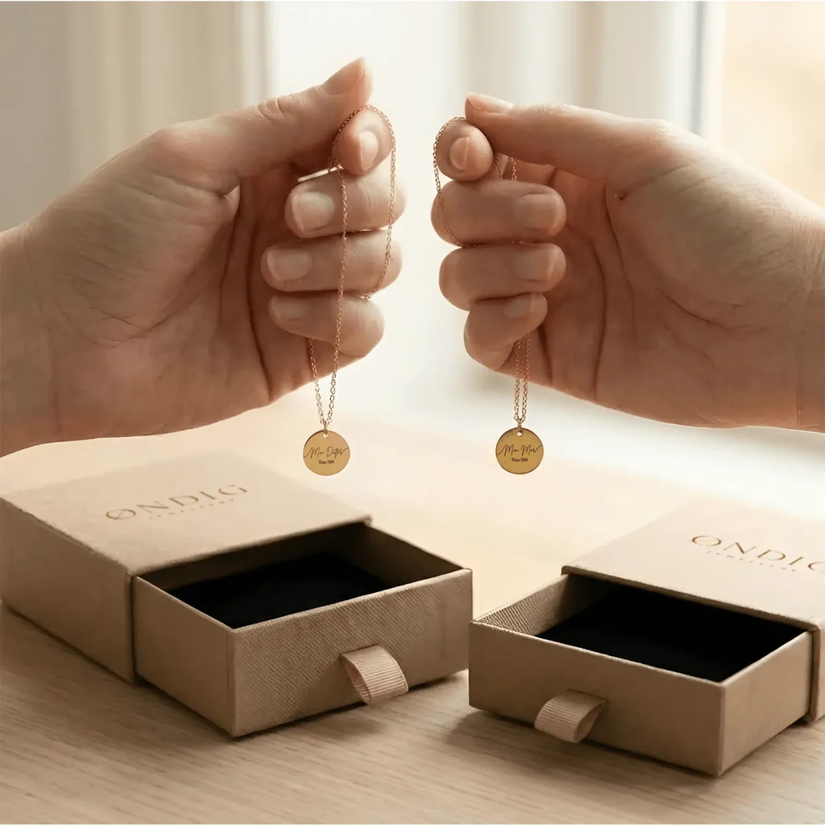 9.webp Min Mor & Min Datter halskæder - Personligt Smykke fra Øndig Jewellery. To halskæder, ét år, én fælles historie. Fra det øjeblik, hun blev din mor, og du blev hendes datter, blev et ubrydeligt bånd skabt mellem jer. Gavesæt med to halskæder, som leveres i smukke gaveæsker.